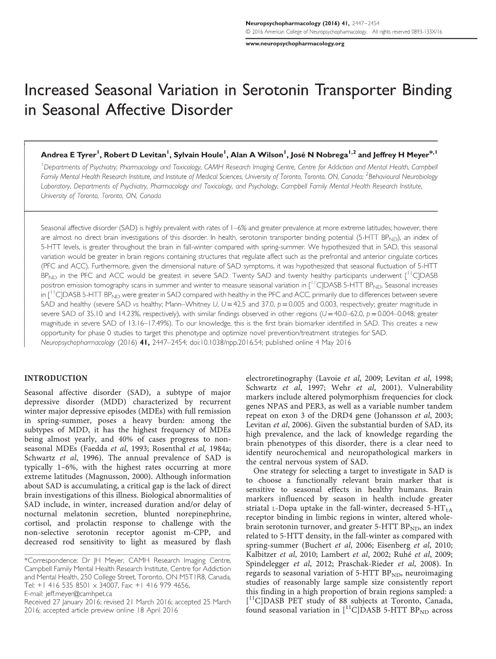 Increased Seasonal Variation in Serotonin Transporter Binding in Seasonal Affective Disorder