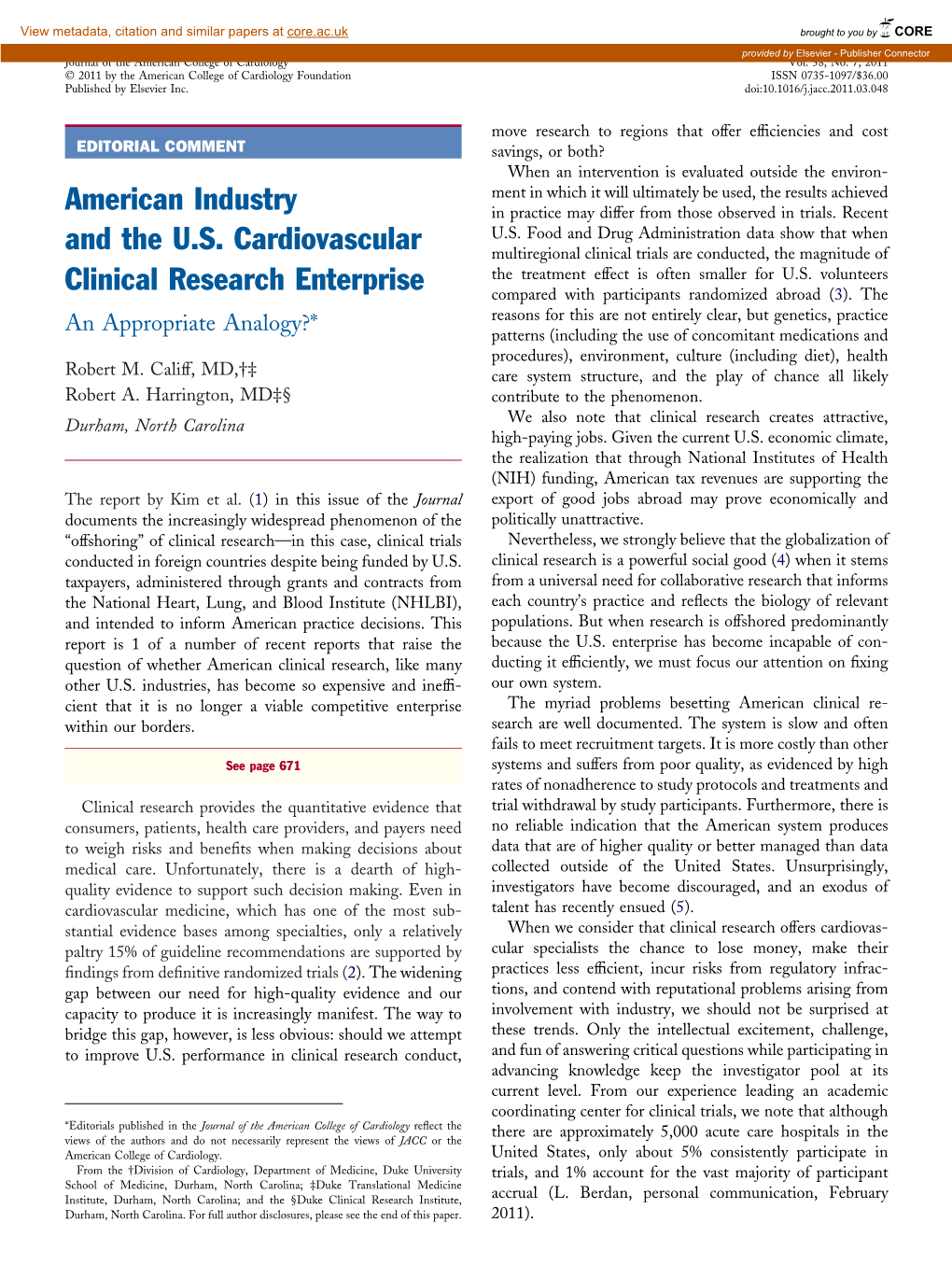 American Industry and the U.S. Cardiovascular Clinical Research Enterprise