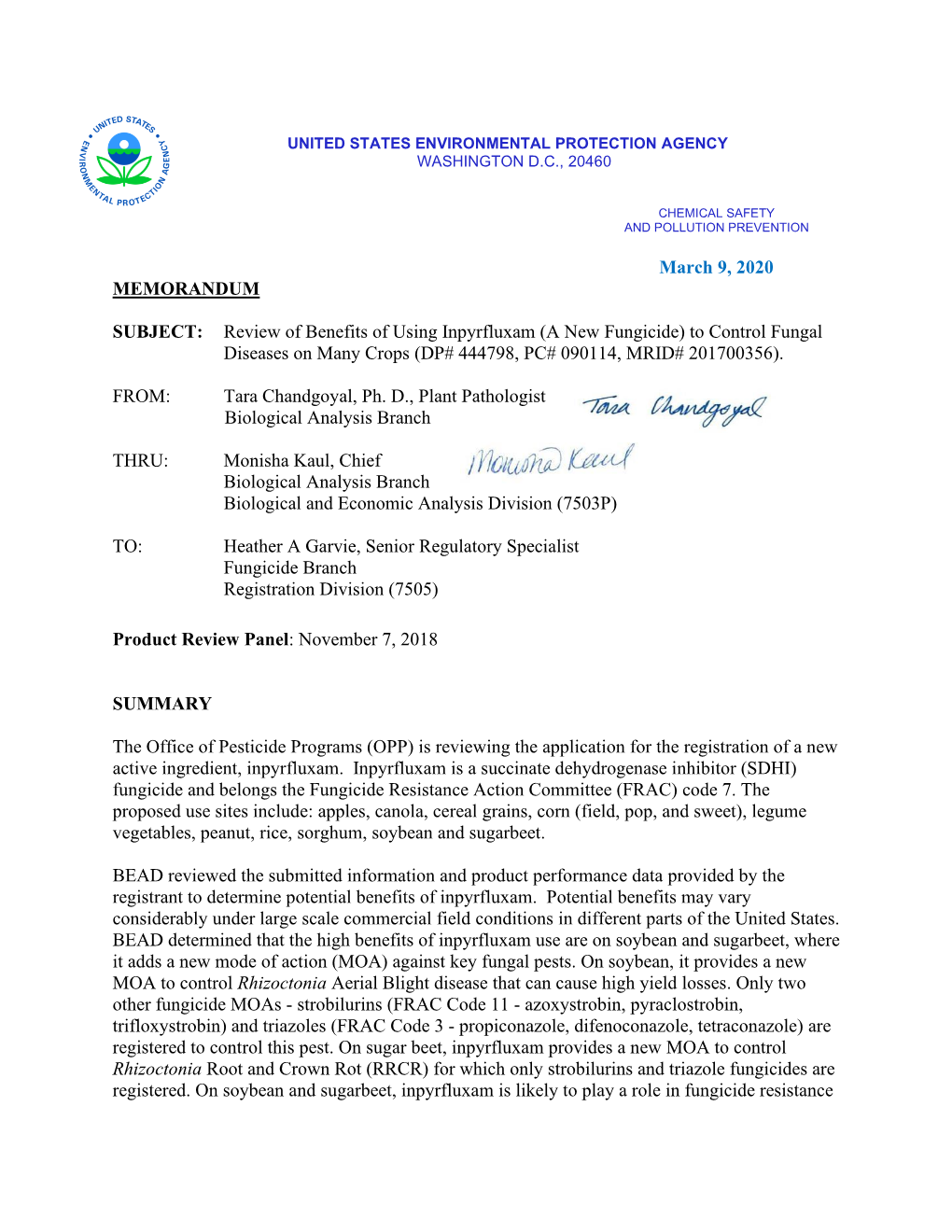 Review of Benefits of Using Inpyrfluxam (A New Fungicide) to Control Fungal Diseases on Many Crops (DP# 444798, PC# 090114, MRID# 201700356)