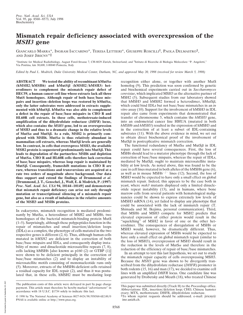 Mismatch Repair Deficiency Associated with Overexpression of the MSH3 Gene