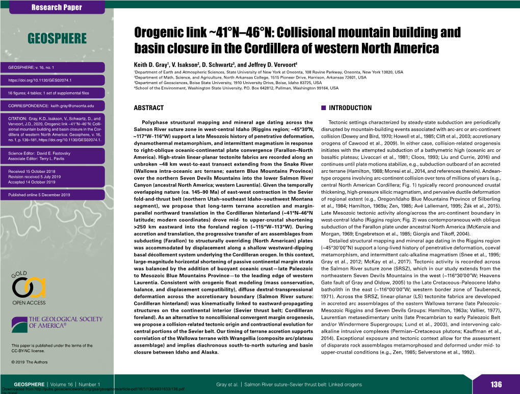 Orogenic Link ~41°N–46°N: Collisional Mountain Building and Basin Closure in the Cordillera of Western North America