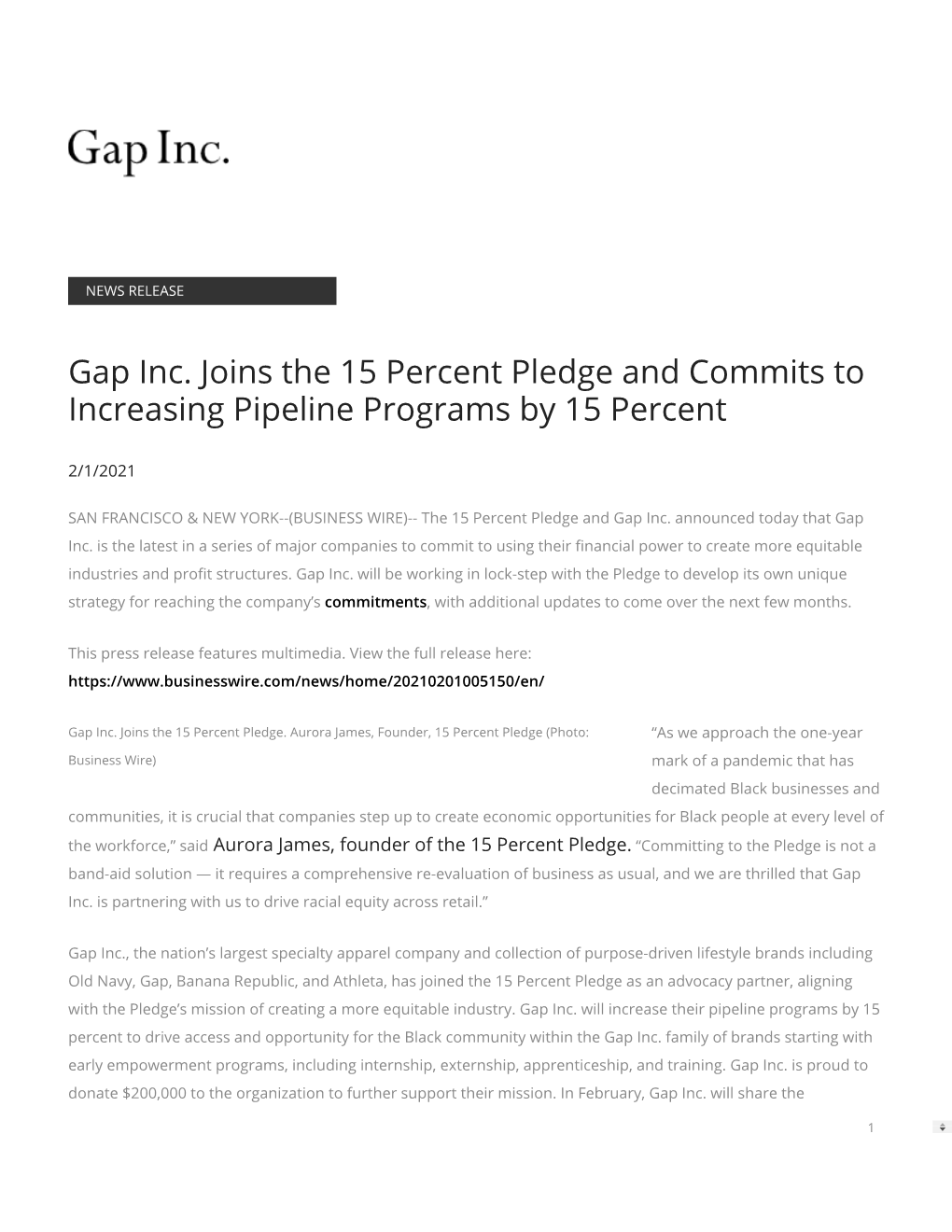 Gap Inc. Joins the 15 Percent Pledge and Commits to Increasing Pipeline Programs by 15 Percent