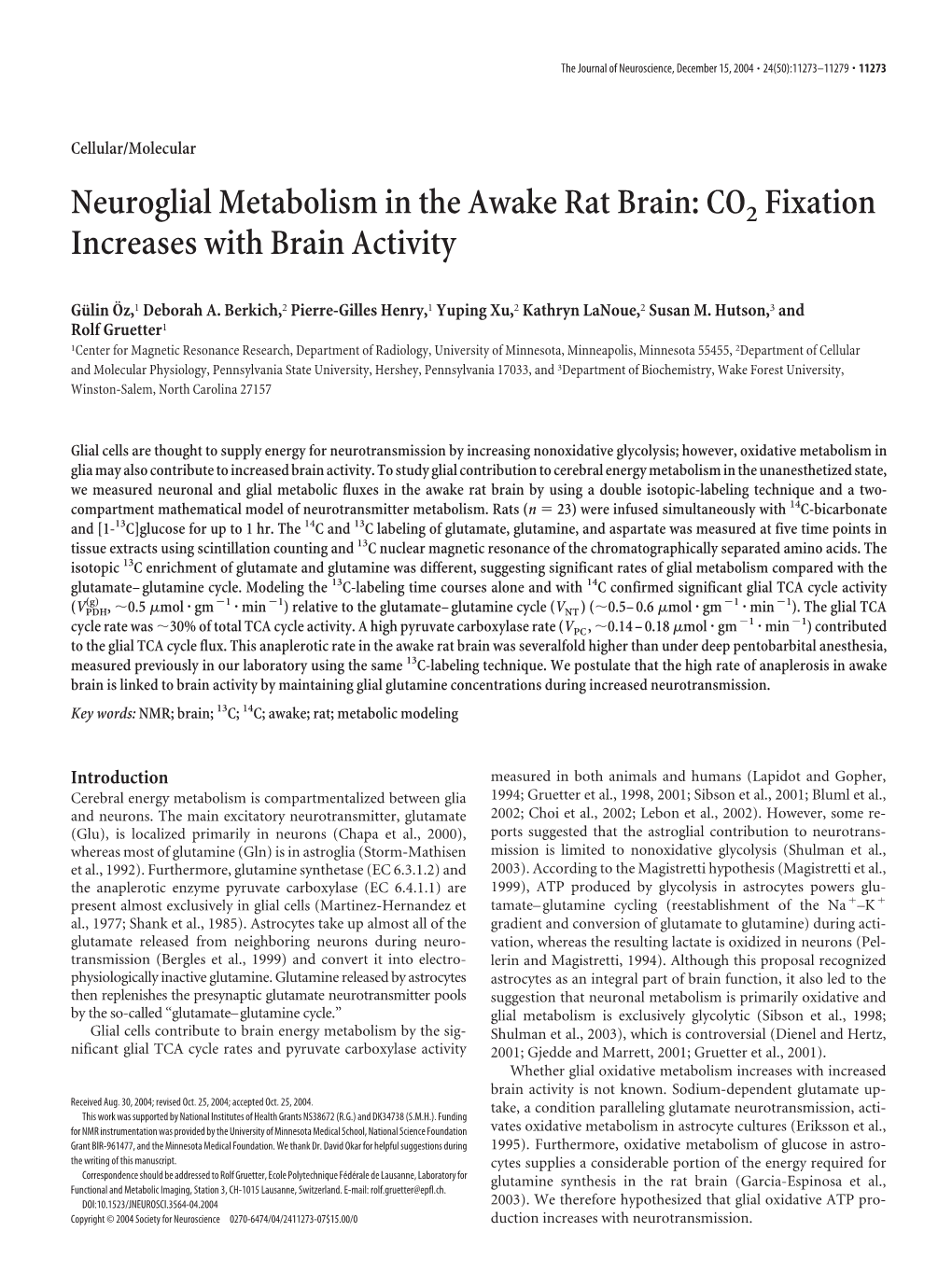 Neuroglial Metabolism in the Awake Rat Brain: CO2 Fixation Increases with Brain Activity