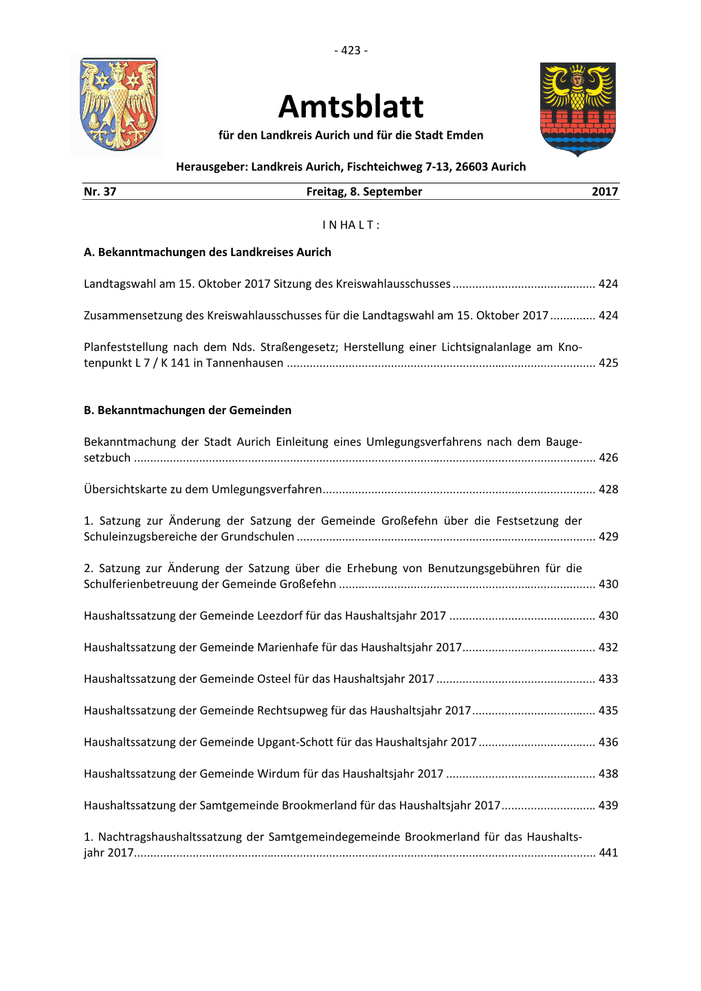 Amtsblatt Für Den Landkreis Aurich Und Für Die Stadt Emden