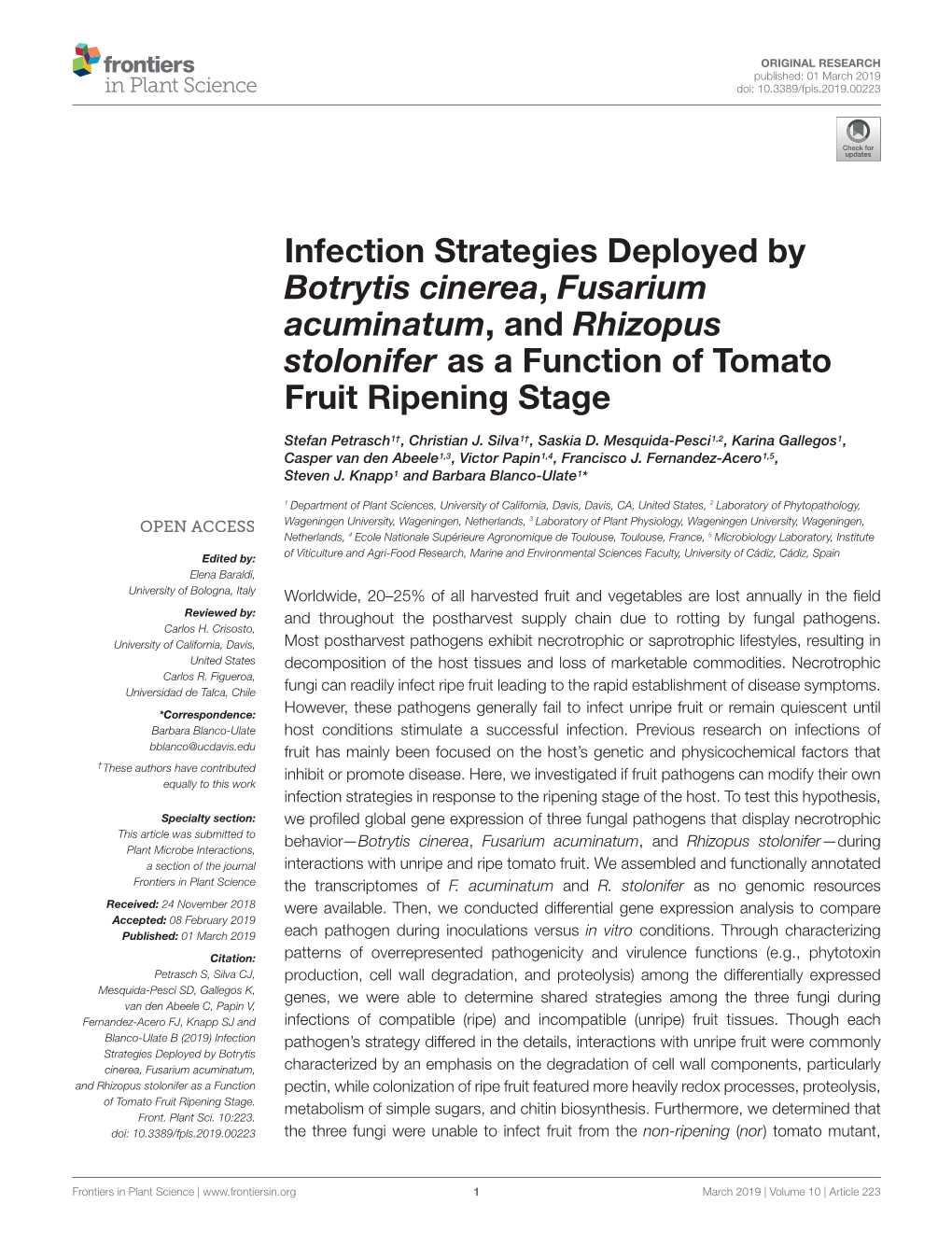 Infection Strategies Deployed by Botrytis Cinerea, Fusarium Acuminatum, and Rhizopus Stolonifer As a Function of Tomato Fruit Ripening Stage