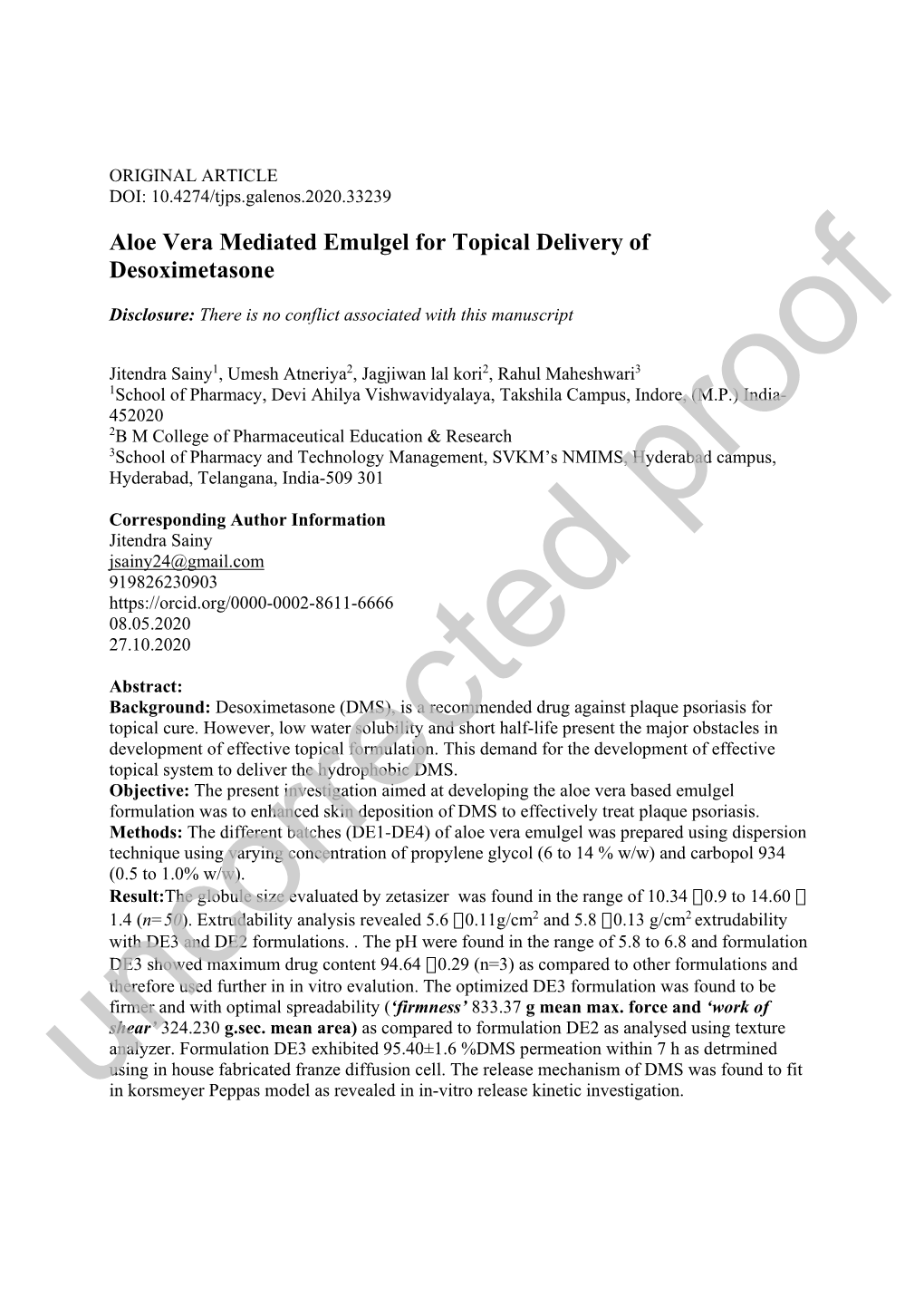 Aloe Vera Mediated Emulgel for Topical Delivery of Desoximetasone