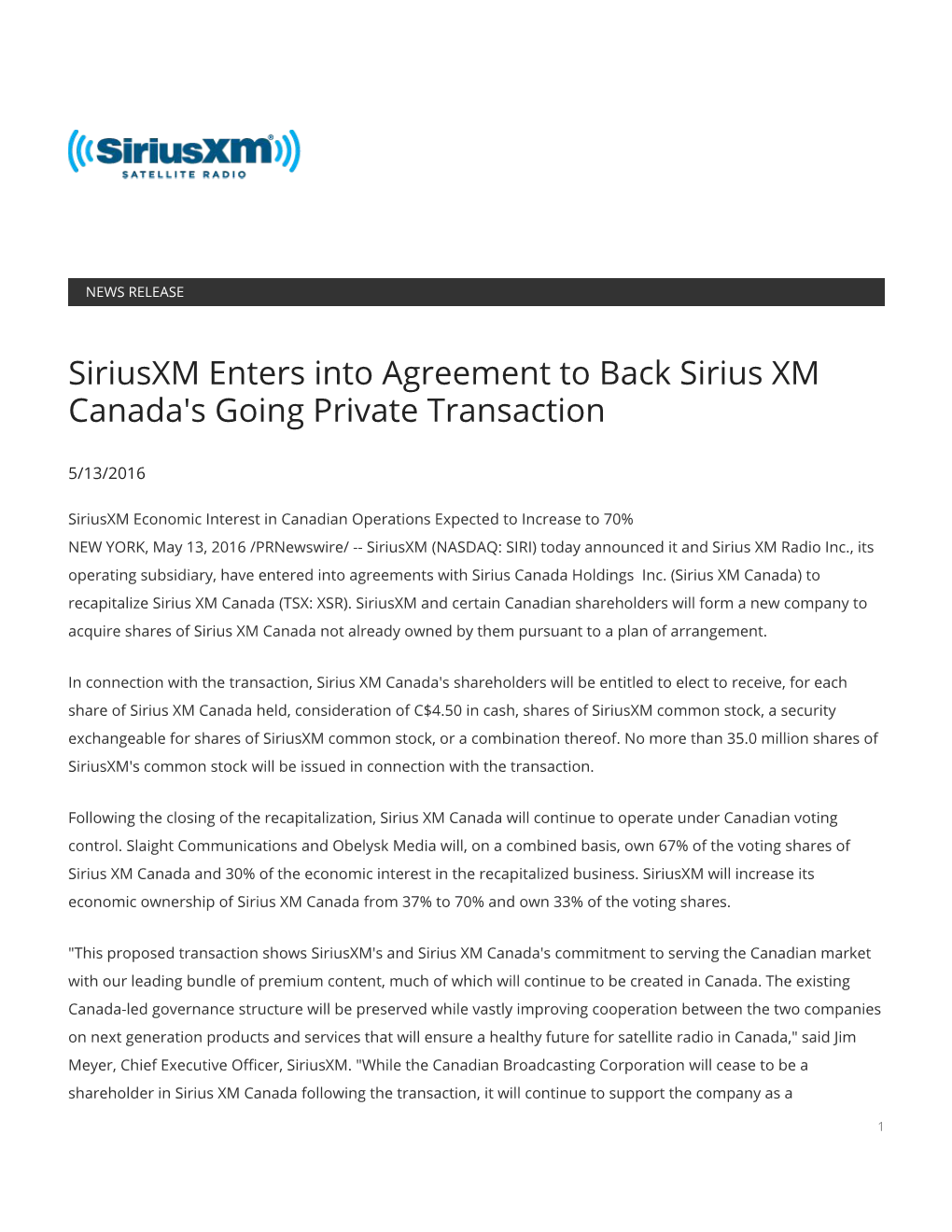 Siriusxm Enters Into Agreement to Back Sirius XM Canada's Going Private Transaction