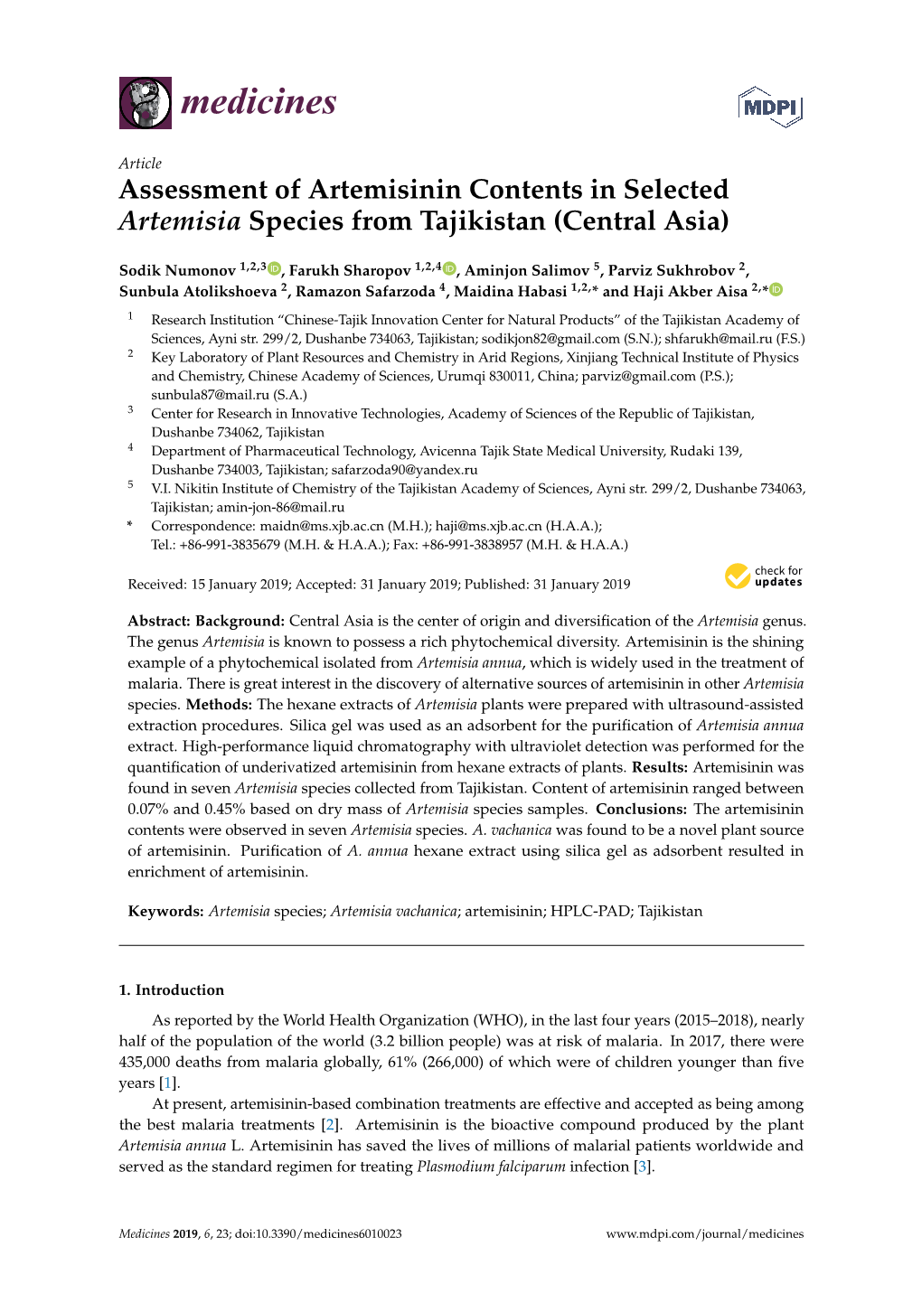 Assessment of Artemisinin Contents in Selected Artemisia Species from Tajikistan (Central Asia)