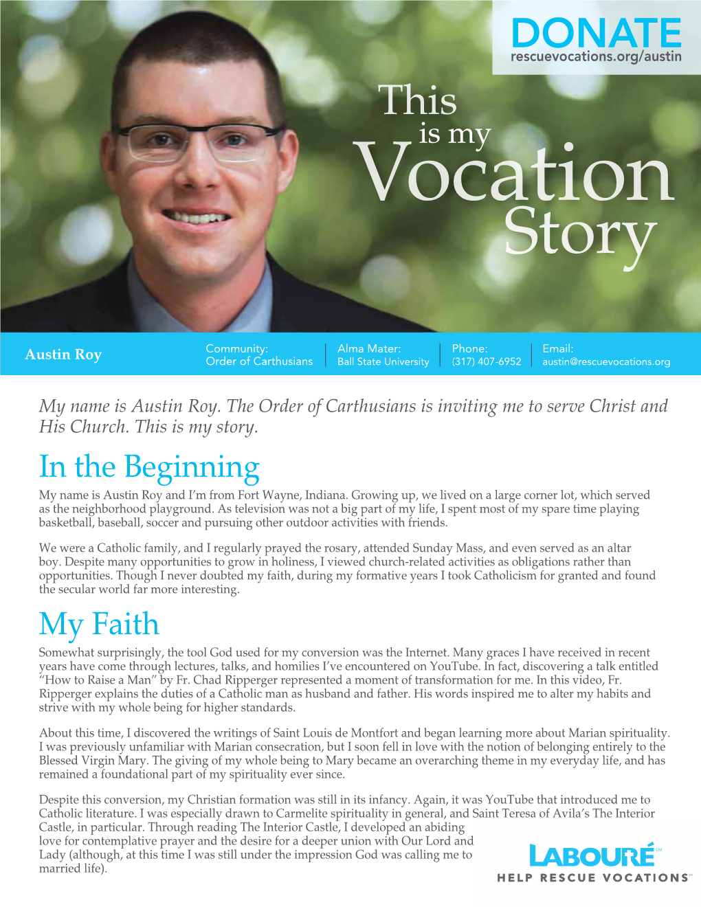 Donaterescuevocations.Org/Austin This Is My Vocation Story