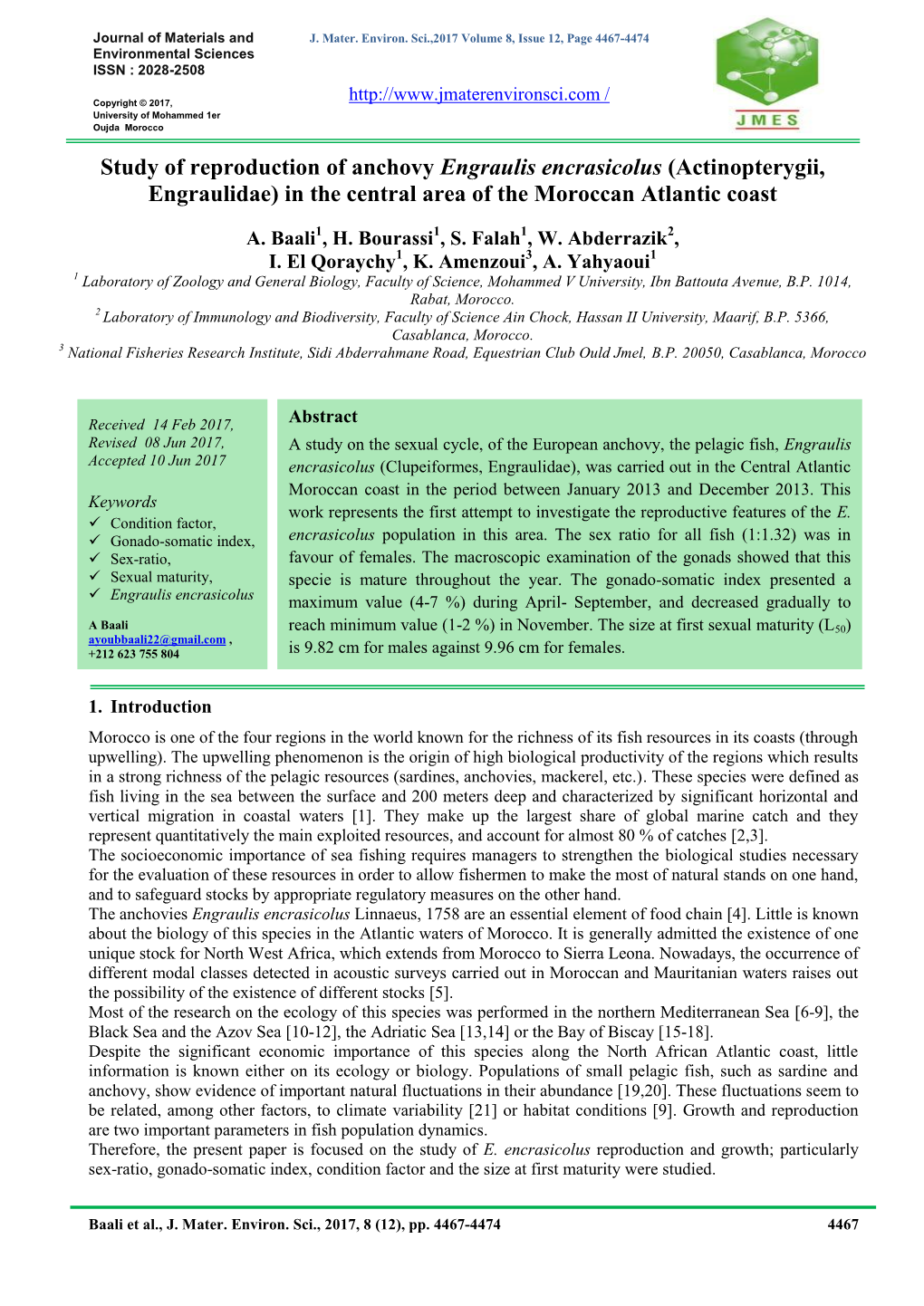 Study of Reproduction of Anchovy Engraulis Encrasicolus (Actinopterygii, Engraulidae) in the Central Area of the Moroccan Atlantic Coast