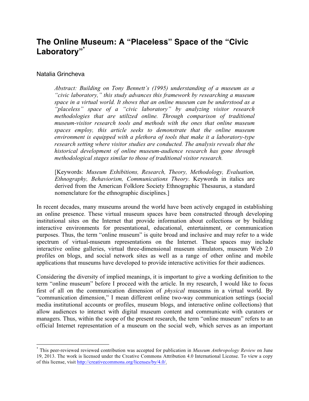 The Online Museum: a “Placeless” Space of the “Civic Laboratory”*