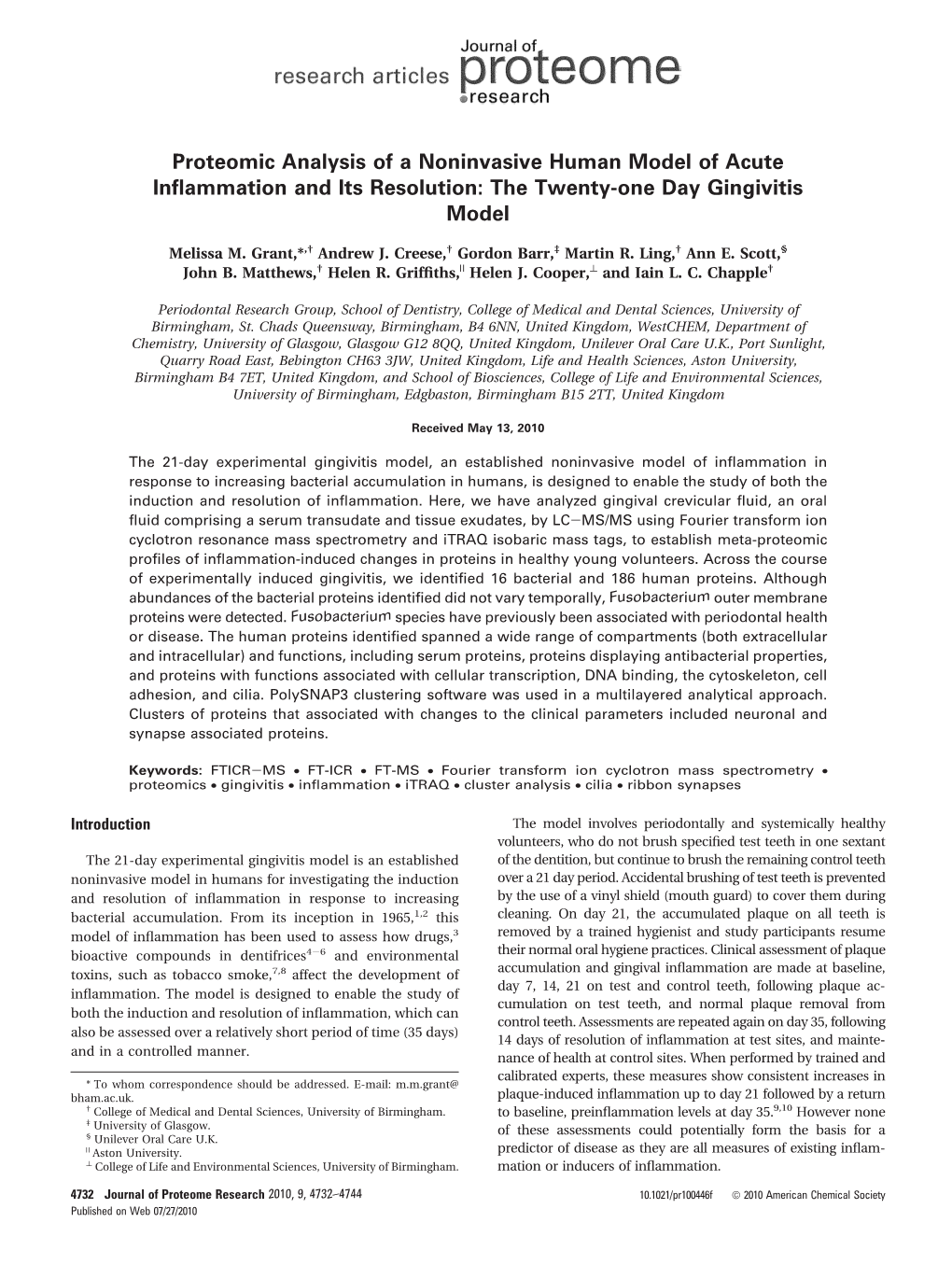 Proteomic Analysis of a Noninvasive Human Model of Acute Inﬂammation and Its Resolution: the Twenty-One Day Gingivitis Model