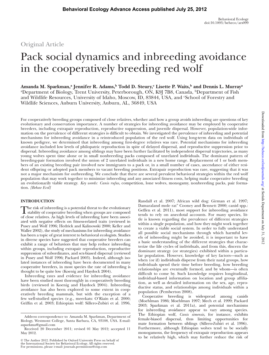 Pack Social Dynamics and Inbreeding Avoidance in the Cooperatively Breeding Red Wolf