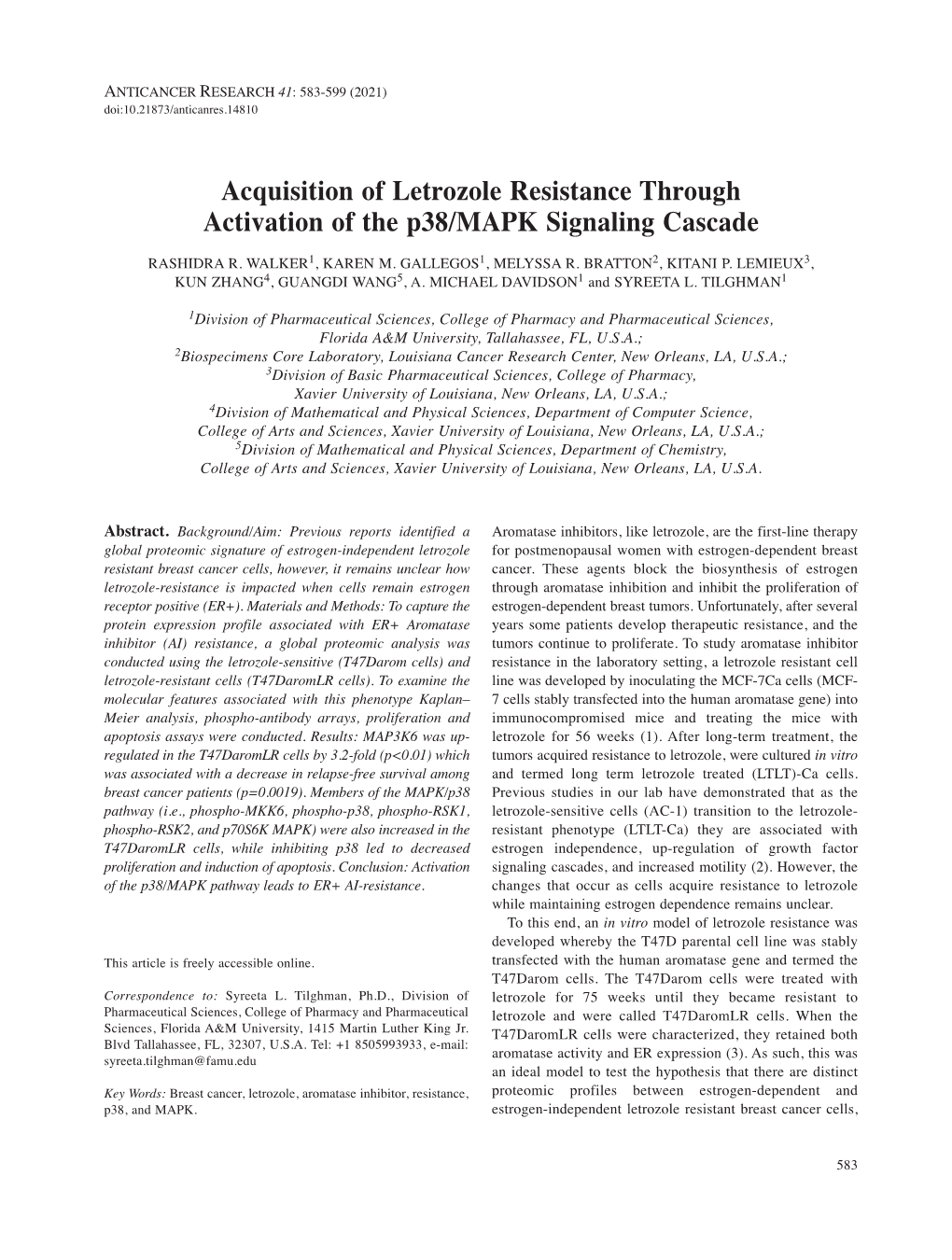 Acquisition of Letrozole Resistance Through Activation of the P38/MAPK Signaling Cascade RASHIDRA R