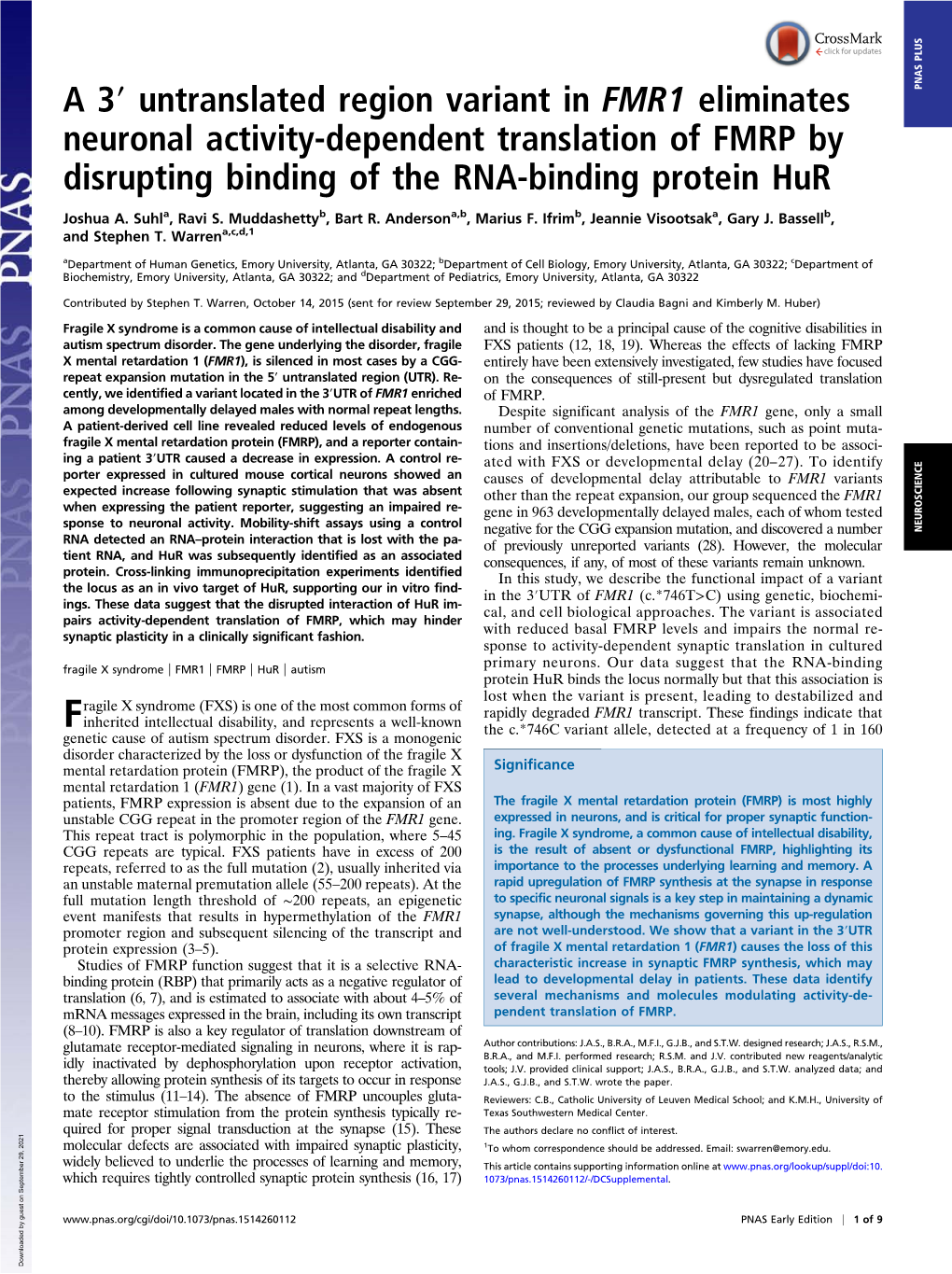 Untranslated Region Variant in FMR1 Eliminates Neuronal Activity