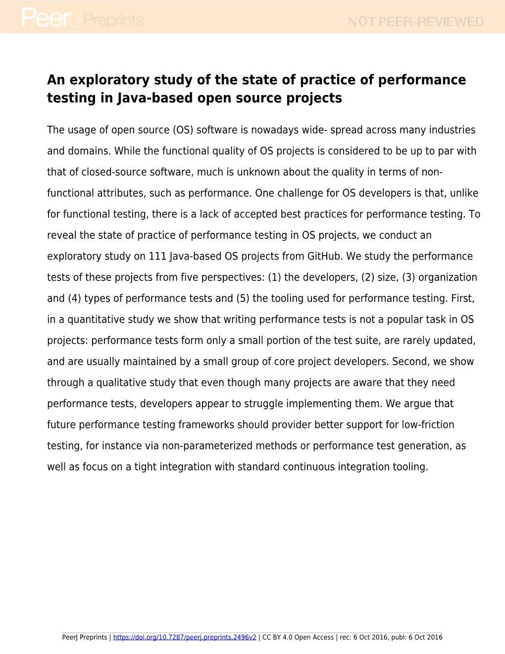 An Exploratory Study of the State of Practice of Performance Testing in Java-Based Open Source Projects
