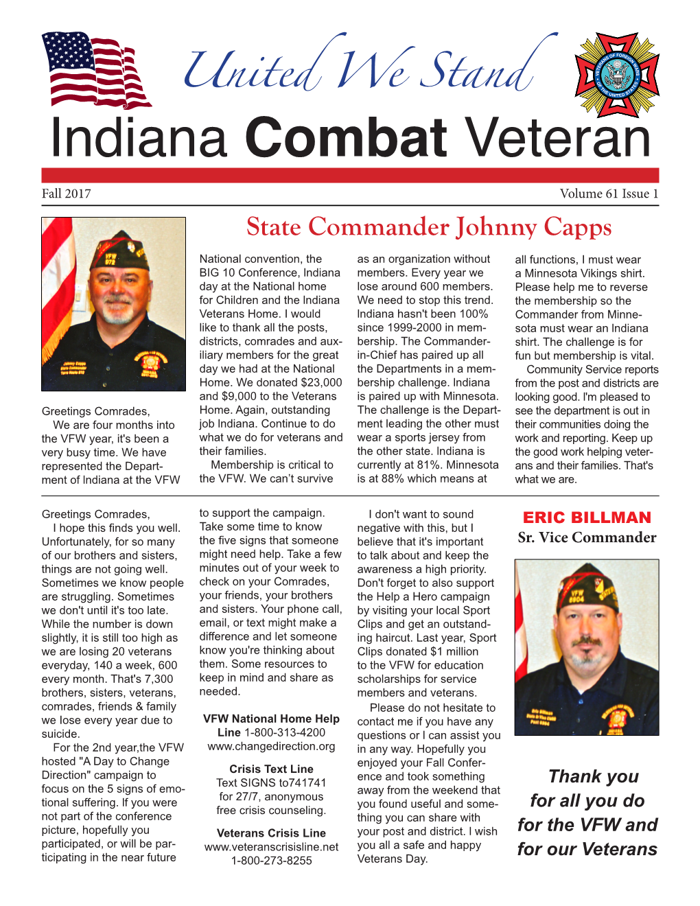 Indiana Combat Veteran Fall 2017 Volume 61 Issue 1 State Commander Johnny Capps