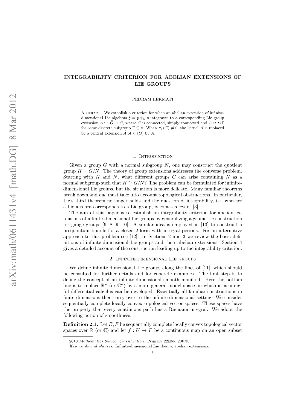 Arxiv:Math/0611431V4 [Math.DG] 8 Mar 2012 Line Is to Replace R (Or C ) by a More General Model Space on Which a Meaning- Ful Diﬀerential Calculus Can Be Developed