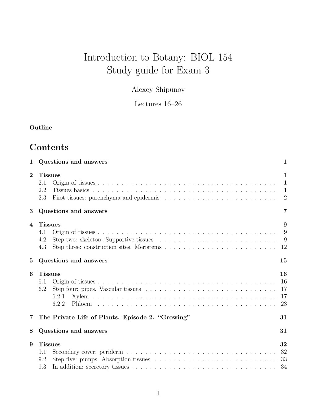 Introduction to Botany: BIOL 154 Study Guide for Exam 3