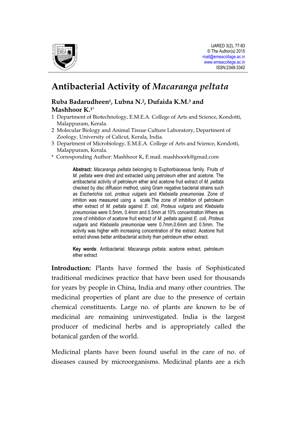 Antibacterial Activity of Macaranga Peltata