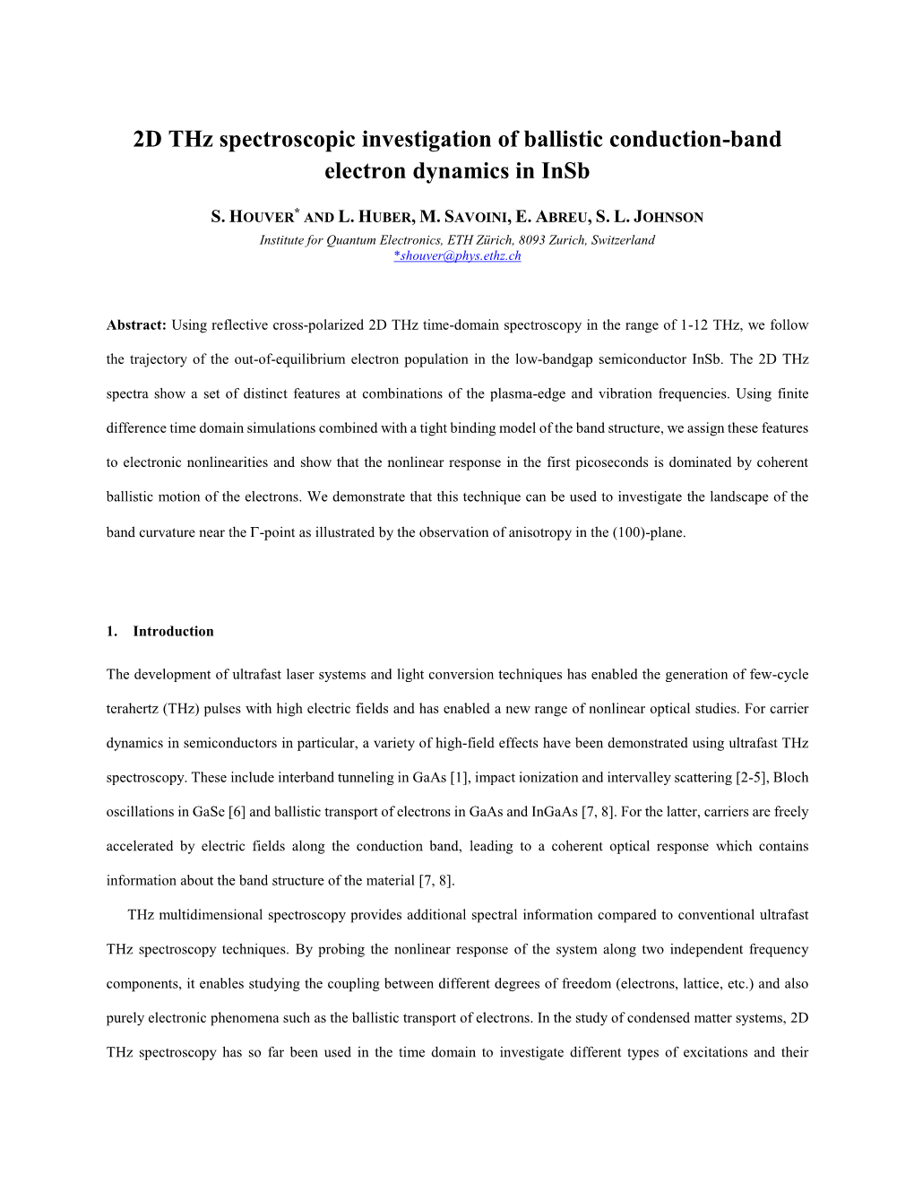 2D Thz Spectroscopic Investigation of Ballistic Conduction-Band Electron Dynamics in Insb