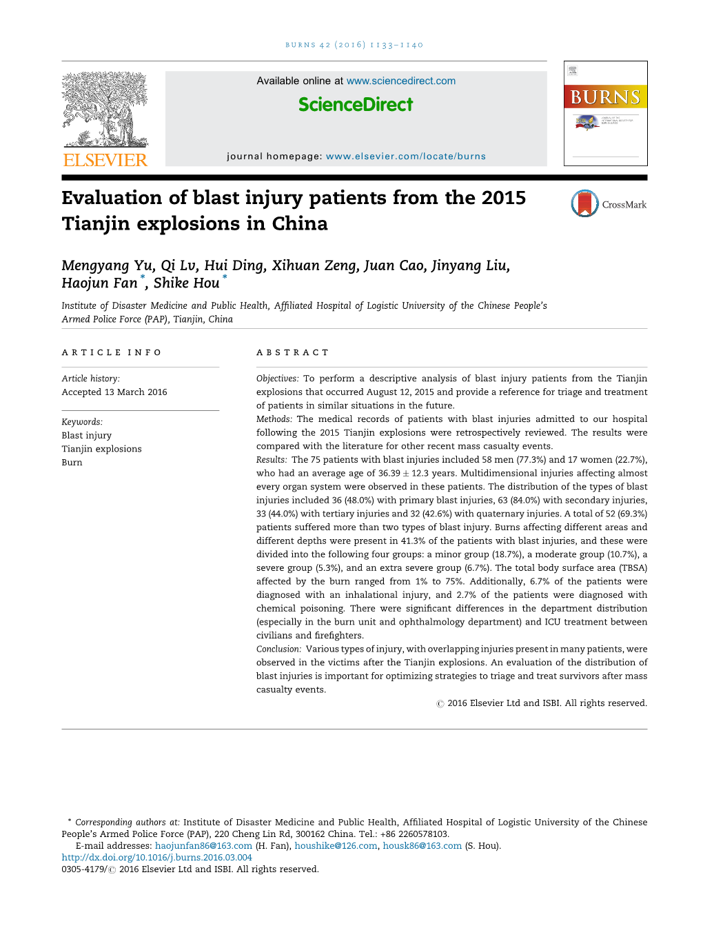 Evaluation of Blast Injury Patients from the 2015 Tianjin Explosions in China