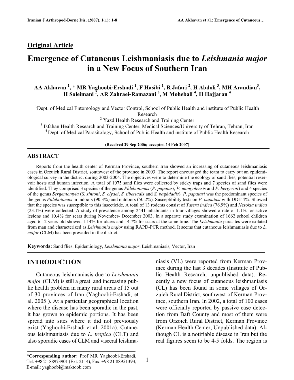 Emergence of Cutaneous Leishmaniasis Due to Leishmania Major in a New Focus of Southern Iran