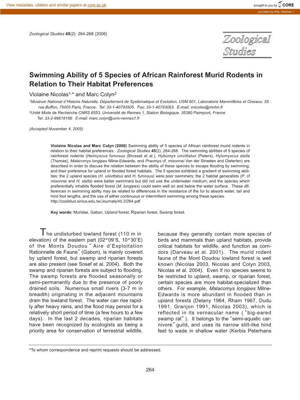 Swimming Ability of 5 Species of African Rainforest Murid Rodents In