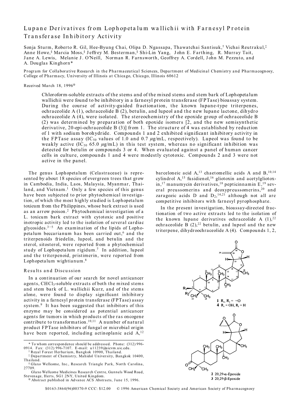 Lupane Derivatives from Lophopetalum Wallichii with Farnesyl Protein Transferase Inhibitory Activity