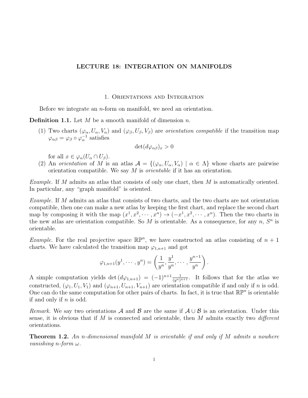 LECTURE 18: INTEGRATION on MANIFOLDS 1. Orientations And
