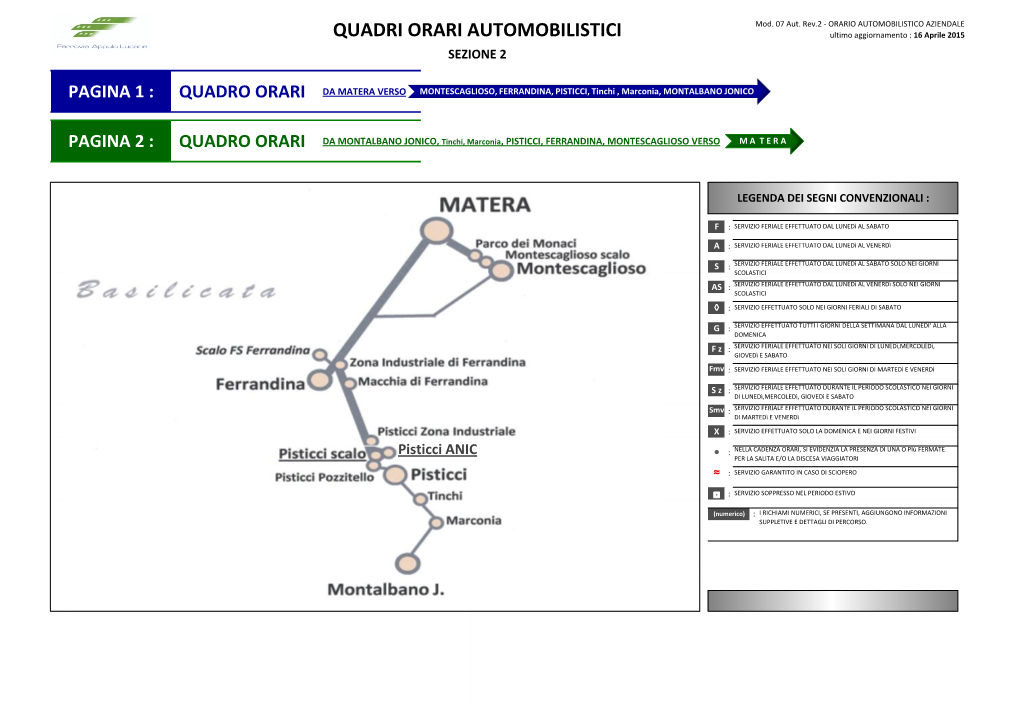 QUADRI ORARI AUTOMOBILISTICI Ultimo Aggiornamento : 16 Aprile 2015 SEZIONE 2