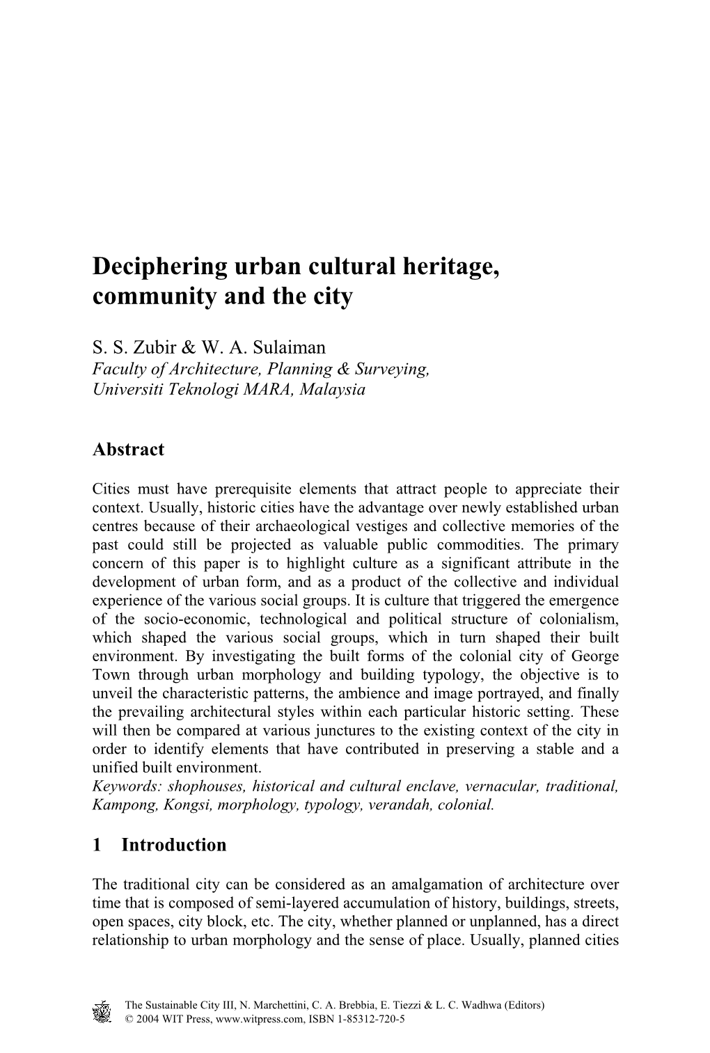 Deciphering Urban Cultural Heritage, Community and the City