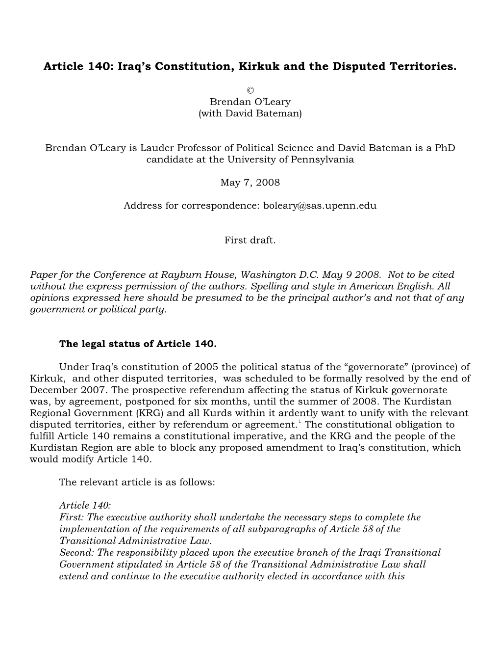 Article 140: Iraq's Constitution, Kirkuk and the Disputed Territories