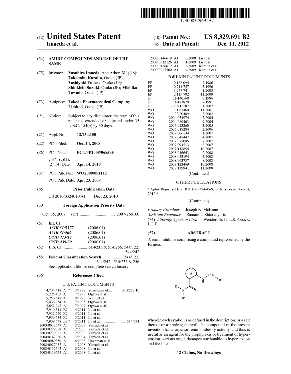 (12) United States Patent (10) Patent No.: US 8,329,691 B2 Imaeda Et Al