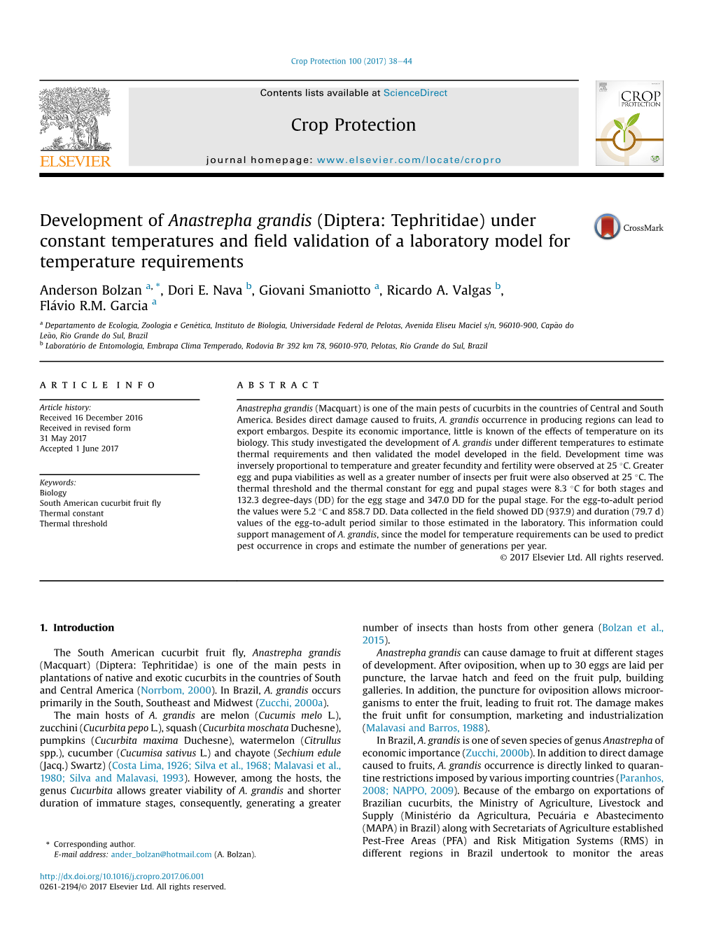 Development of Anastrepha Grandis (Diptera: Tephritidae) Under Constant Temperatures and Field Validation of a Laboratory Model