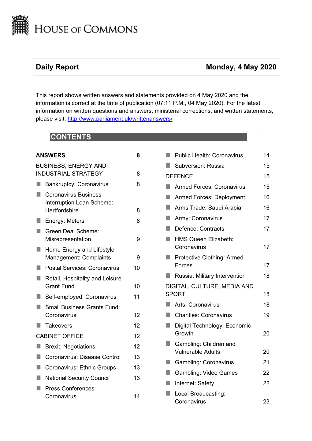 Daily Report Monday, 4 May 2020 CONTENTS