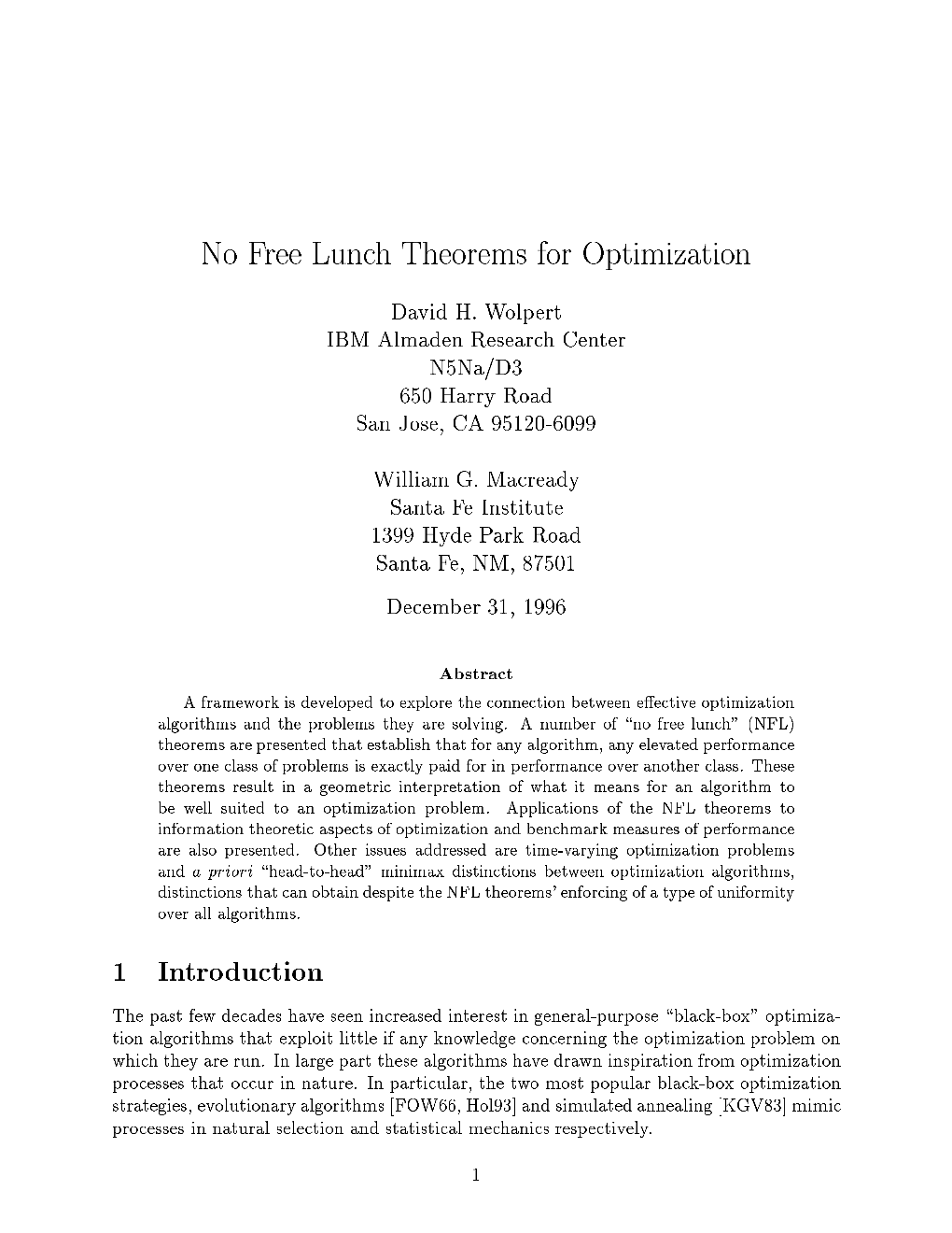 No Free Lunch Theorems for Optimization 1 Introduction