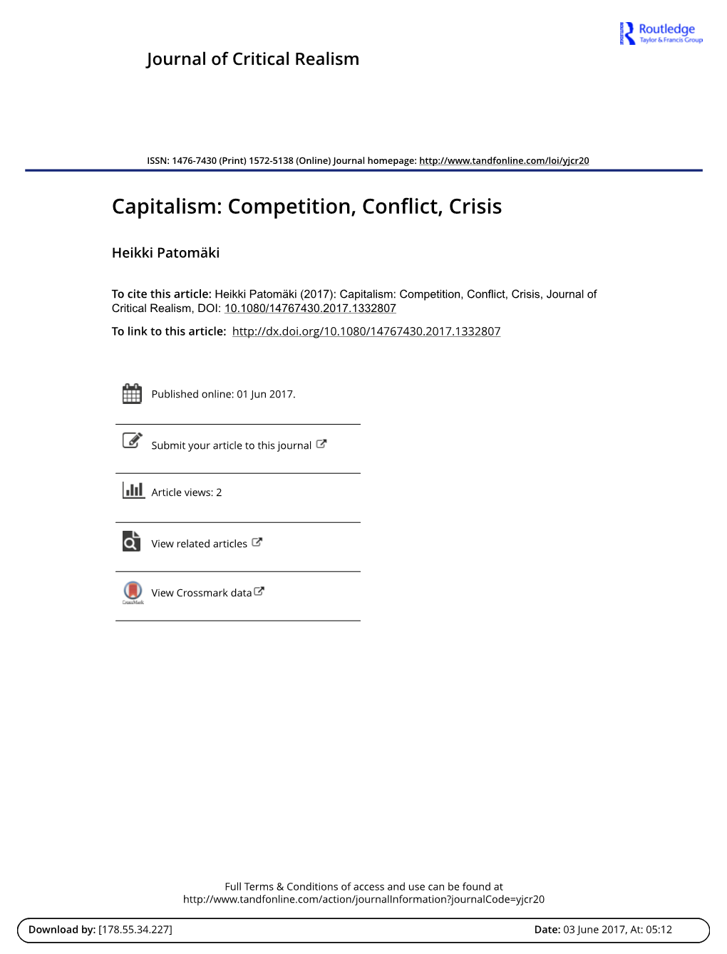 Capitalism Competition Conflict Crisis REVIEW Patomäki