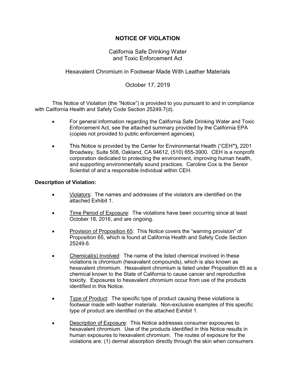 NOTICE of VIOLATION California Safe Drinking Water and Toxic