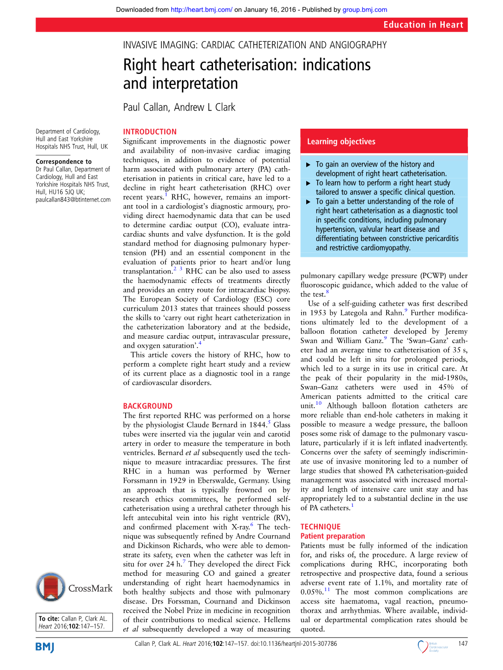 Right Heart Catheterisation: Indications and Interpretation Paul Callan, Andrew L Clark