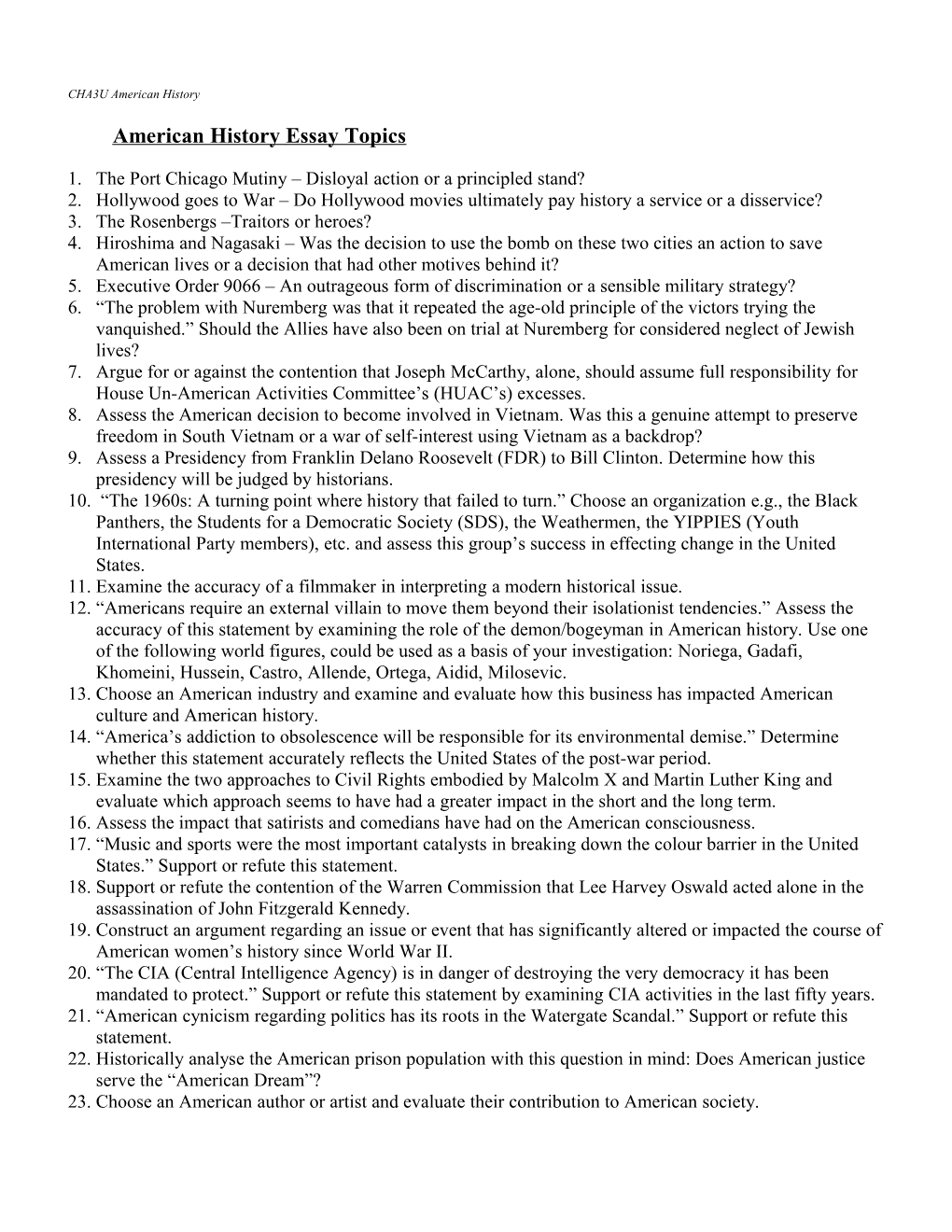 CHA3U American Historyamerican History Essay Topics