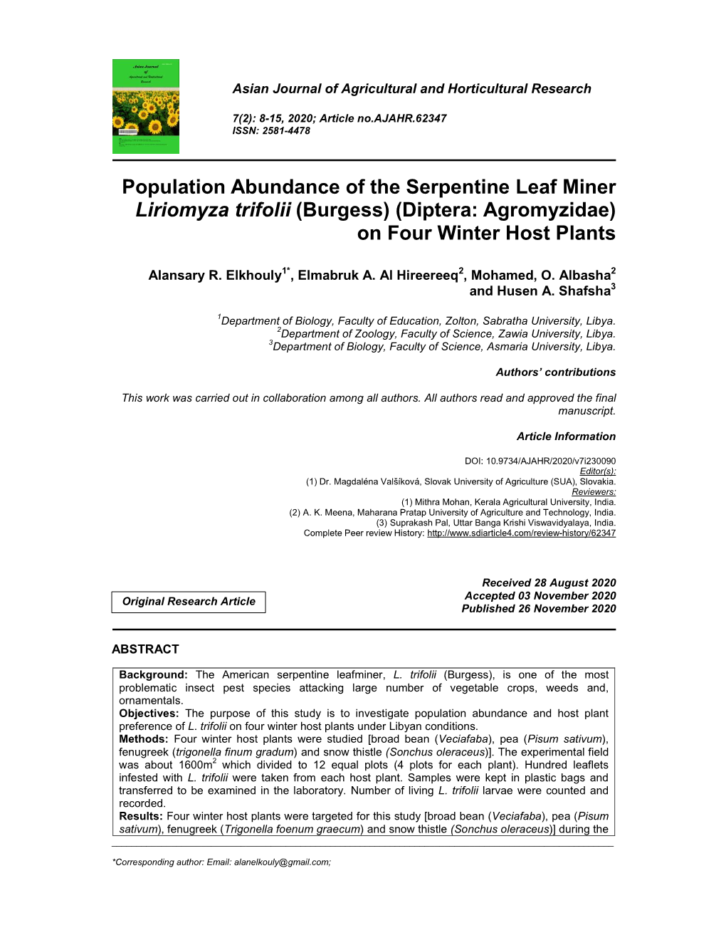 Population Abundance of the Serpentine Leaf Miner Liriomyza Trifolii (Burgess) (Diptera: Agromyzidae) on Four Winter Host Plants