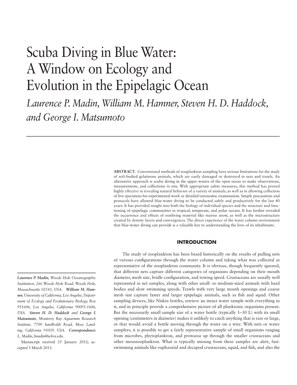 Scuba Diving in Blue Water: a Window on Ecology and Evolution in the Epipelagic Ocean Laurence P