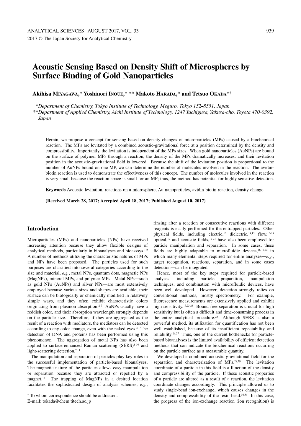 Acoustic Sensing Based on Density Shift of Microspheres by Surface Binding of Gold Nanoparticles