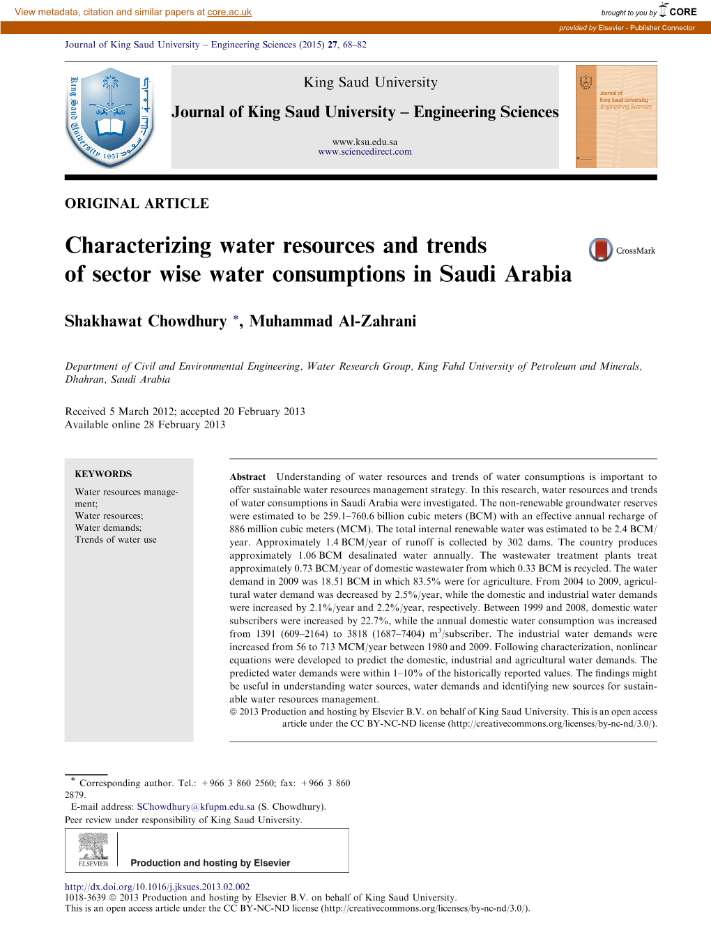 Characterizing Water Resources and Trends of Sector Wise Water Consumptions in Saudi Arabia