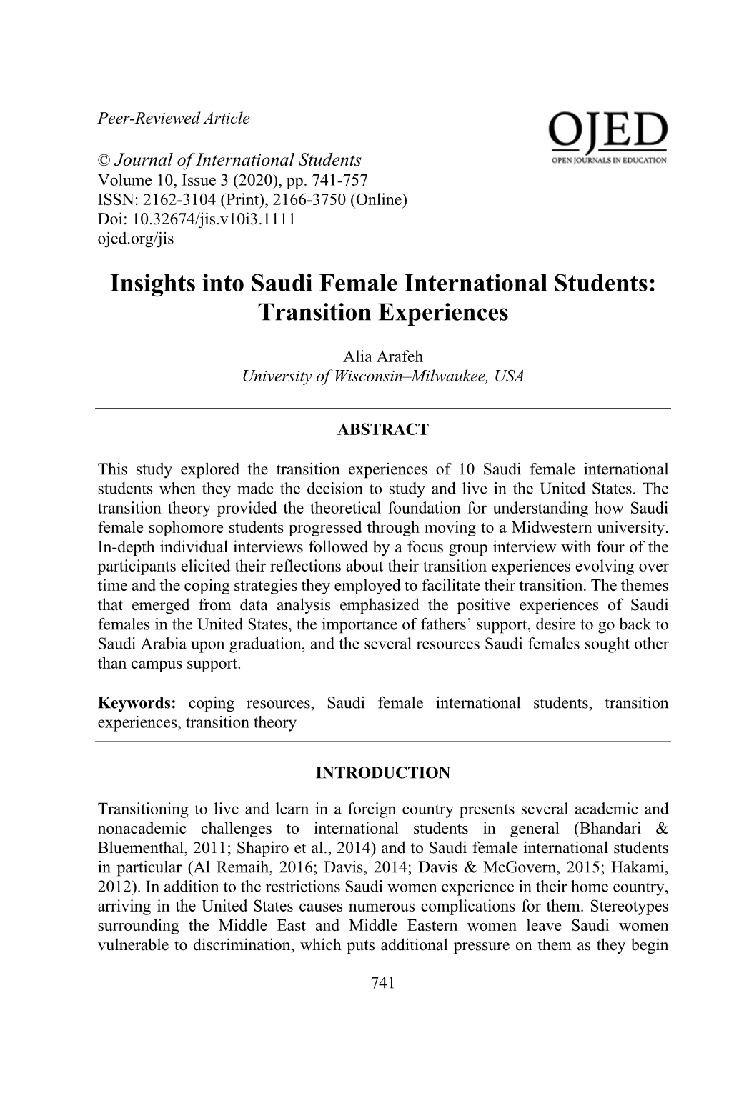 Insights Into Saudi Female International Students: Transition Experiences