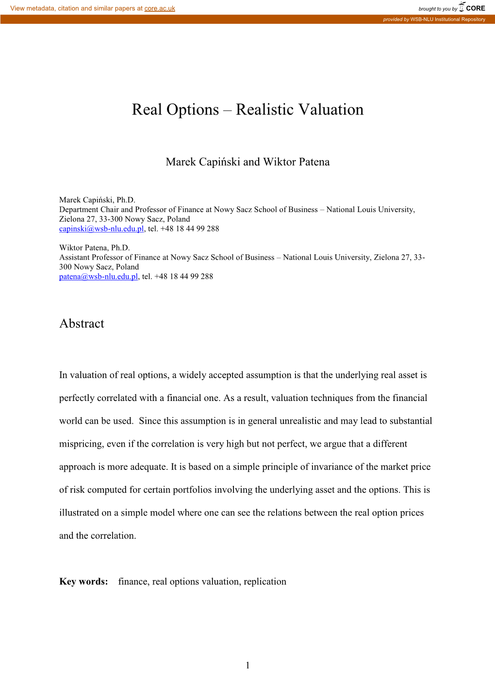 Real Options – Realistic Valuation