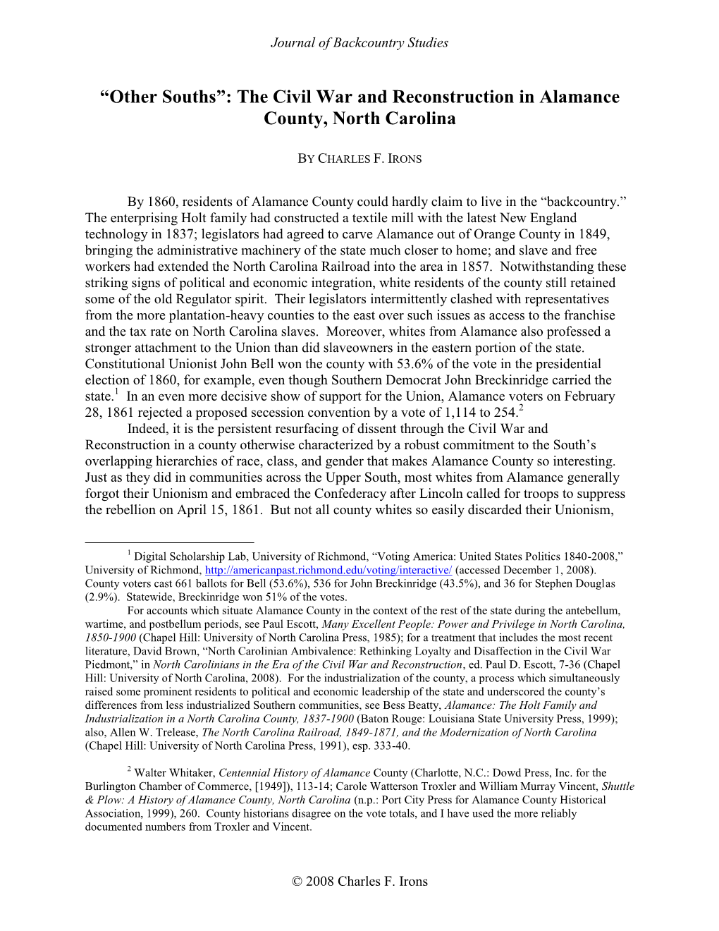 The Civil War and Reconstruction in Alamance County, North Carolina