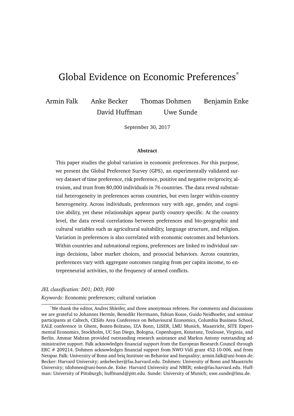 Global Evidence on Economic Preferences*