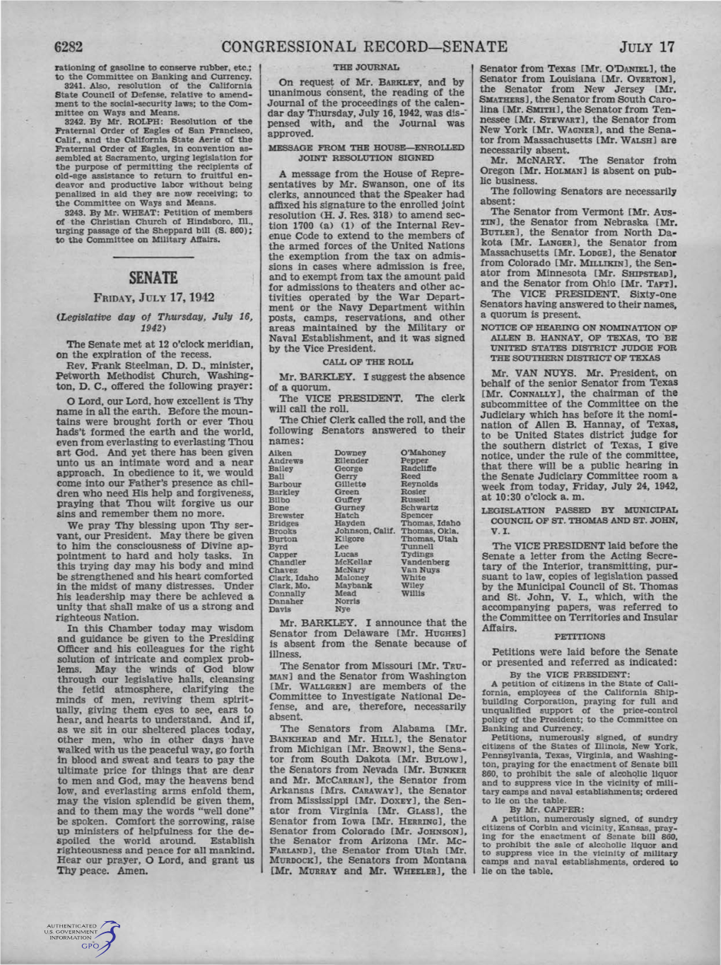 SENATE JULY 17 Rationing of Gasoline to Conserve Rubber, Etc.; the JOURNAL Senator from Texas Emr